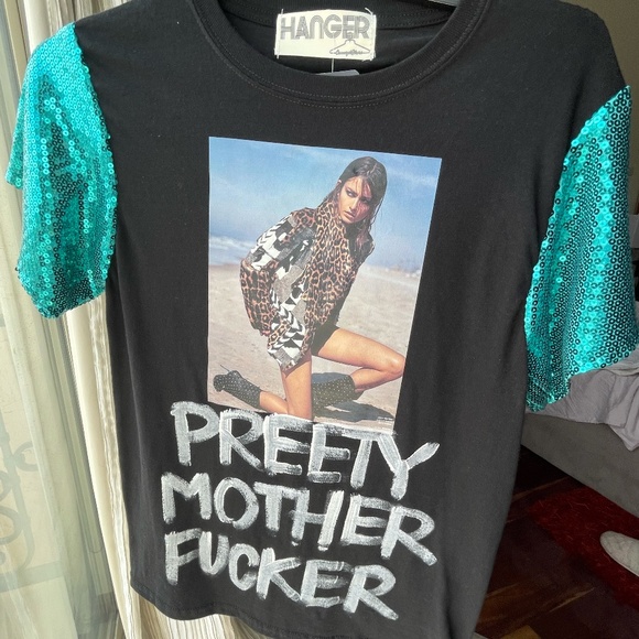 Tops - Black Graphic T-shirt with Sequin Sleeves